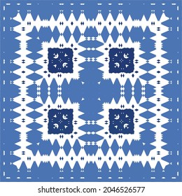 Portuguese vintage azulejo tiles. Vector seamless pattern theme. Hand drawn design. Blue antique background for pillows, print, wallpaper, web backdrop, towels, surface texture.