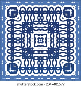 Portuguese vintage azulejo tiles. Vector seamless pattern theme. Hand drawn design. Blue antique background for pillows, print, wallpaper, web backdrop, towels, surface texture.