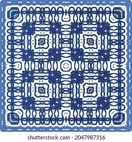 Portuguese vintage azulejo tiles. Vector seamless pattern theme. Hand drawn design. Blue antique background for pillows, print, wallpaper, web backdrop, towels, surface texture.