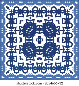 Portuguese vintage azulejo tiles. Vector seamless pattern theme. Hand drawn design. Blue antique background for pillows, print, wallpaper, web backdrop, towels, surface texture.