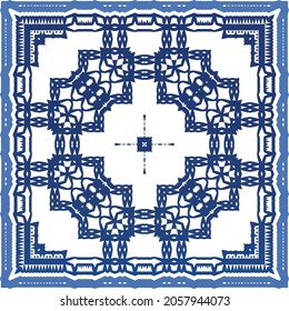 Portuguese vintage azulejo tiles. Vector seamless pattern theme. Hand drawn design. Blue antique background for pillows, print, wallpaper, web backdrop, towels, surface texture.