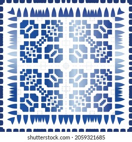 Portuguese vintage azulejo tiles. Vector seamless pattern elements. Colored design. Blue antique background for pillows, print, wallpaper, web backdrop, towels, surface texture.