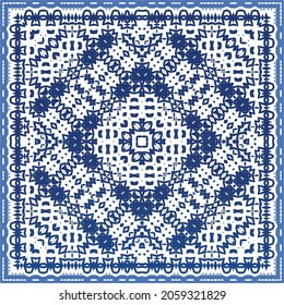 Portuguese vintage azulejo tiles. Vector pattern theme. Hand drawn design. Blue antique background for pillows, print, wallpaper, web backdrop, towels, surface texture.