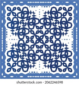 Portuguese vintage azulejo tiles. Vector seamless pattern theme. Hand drawn design. Blue antique background for pillows, print, wallpaper, web backdrop, towels, surface texture.