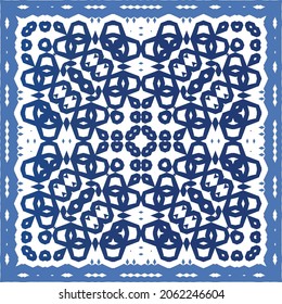 Portuguese vintage azulejo tiles. Vector seamless pattern theme. Hand drawn design. Blue antique background for pillows, print, wallpaper, web backdrop, towels, surface texture.