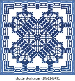 Portuguese vintage azulejo tiles. Vector seamless pattern theme. Hand drawn design. Blue antique background for pillows, print, wallpaper, web backdrop, towels, surface texture.