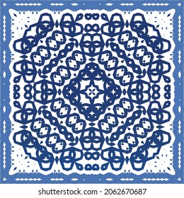 Portuguese vintage azulejo tiles. Vector seamless pattern theme. Hand drawn design. Blue antique background for pillows, print, wallpaper, web backdrop, towels, surface texture.