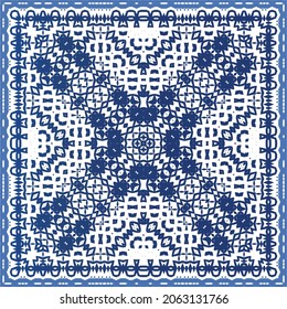 Portuguese vintage azulejo tiles. Vector seamless pattern theme. Hand drawn design. Blue antique background for pillows, print, wallpaper, web backdrop, towels, surface texture.