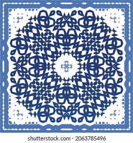 Portuguese vintage azulejo tiles. Vector seamless pattern theme. Hand drawn design. Blue antique background for pillows, print, wallpaper, web backdrop, towels, surface texture.