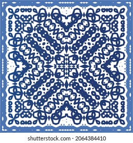 Portuguese vintage azulejo tiles. Vector seamless pattern theme. Hand drawn design. Blue antique background for pillows, print, wallpaper, web backdrop, towels, surface texture.