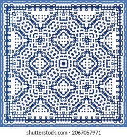 Portuguese vintage azulejo tiles. Vector seamless pattern theme. Hand drawn design. Blue antique background for pillows, print, wallpaper, web backdrop, towels, surface texture.