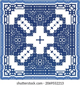 Portuguese vintage azulejo tiles. Vector seamless pattern theme. Hand drawn design. Blue antique background for pillows, print, wallpaper, web backdrop, towels, surface texture.
