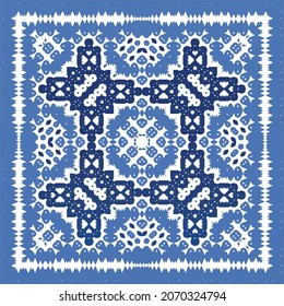 Portuguese vintage azulejo tiles. Vector seamless pattern theme. Hand drawn design. Blue antique background for pillows, print, wallpaper, web backdrop, towels, surface texture.