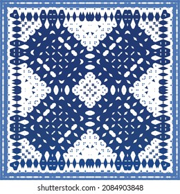 Portuguese vintage azulejo tiles. Vector seamless pattern theme. Hand drawn design. Blue antique background for pillows, print, wallpaper, web backdrop, towels, surface texture.