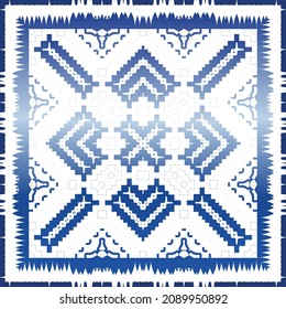 Portuguese vintage azulejo tiles. Vector seamless pattern elements. Colored design. Blue antique background for pillows, print, wallpaper, web backdrop, towels, surface texture.