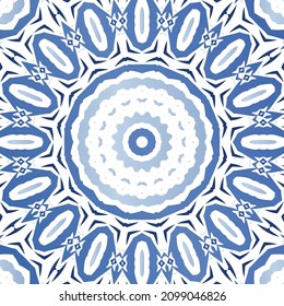 Portuguese vintage azulejo tiles. Vector seamless pattern flyer. Kitchen design. Blue antique background for pillows, print, wallpaper, web backdrop, towels, surface texture.