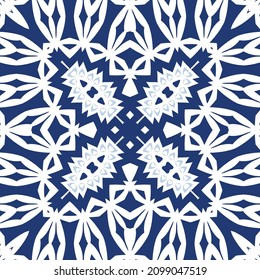 Portuguese vintage azulejo tiles. Vector seamless pattern frame. Creative design. Blue antique background for pillows, print, wallpaper, web backdrop, towels, surface texture.