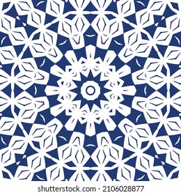 Portuguese vintage azulejo tiles. Vector seamless pattern frame. Creative design. Blue antique background for pillows, print, wallpaper, web backdrop, towels, surface texture.