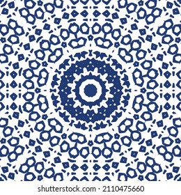 Portuguese vintage azulejo tiles. Vector seamless pattern flyer. Kitchen design. Blue antique background for pillows, print, wallpaper, web backdrop, towels, surface texture.