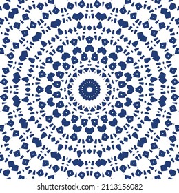 Portuguese vintage azulejo tiles. Vector seamless pattern flyer. Kitchen design. Blue antique background for pillows, print, wallpaper, web backdrop, towels, surface texture.