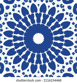 Portuguese vintage azulejo tiles. Vector seamless pattern texture. Hand drawn design. Blue antique background for pillows, print, wallpaper, web backdrop, towels, surface texture.