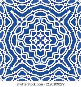 Portuguese vintage azulejo tiles. Vector seamless pattern texture. Hand drawn design. Blue antique background for pillows, print, wallpaper, web backdrop, towels, surface texture.