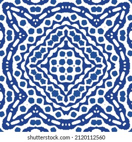 Portuguese vintage azulejo tiles. Vector seamless pattern texture. Hand drawn design. Blue antique background for pillows, print, wallpaper, web backdrop, towels, surface texture.