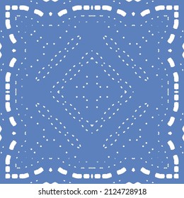 Portuguese vintage azulejo tiles. Vector seamless pattern frame. Creative design. Blue antique background for pillows, print, wallpaper, web backdrop, towels, surface texture.