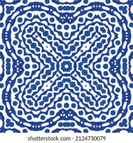 Portuguese vintage azulejo tiles. Vector seamless pattern texture. Hand drawn design. Blue antique background for pillows, print, wallpaper, web backdrop, towels, surface texture.
