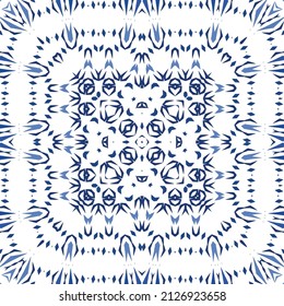 Portuguese vintage azulejo tiles. Vector seamless pattern flyer. Kitchen design. Blue antique background for pillows, print, wallpaper, web backdrop, towels, surface texture.