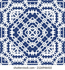 Portuguese vintage azulejo tiles. Vector seamless pattern frame. Creative design. Blue antique background for pillows, print, wallpaper, web backdrop, towels, surface texture.