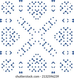 Portuguese vintage azulejo tiles. Vector seamless pattern texture. Hand drawn design. Blue antique background for pillows, print, wallpaper, web backdrop, towels, surface texture.