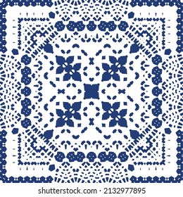 Portuguese vintage azulejo tiles. Vector seamless pattern flyer. Kitchen design. Blue antique background for pillows, print, wallpaper, web backdrop, towels, surface texture.