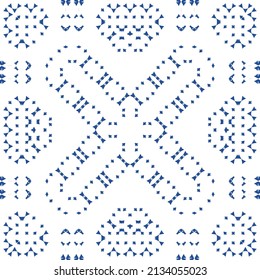 Portuguese vintage azulejo tiles. Vector seamless pattern texture. Hand drawn design. Blue antique background for pillows, print, wallpaper, web backdrop, towels, surface texture.