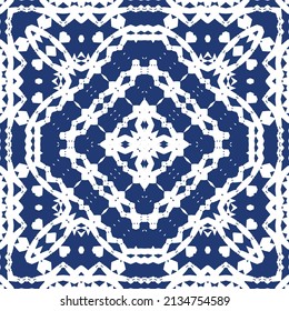 Portuguese vintage azulejo tiles. Vector seamless pattern frame. Creative design. Blue antique background for pillows, print, wallpaper, web backdrop, towels, surface texture.