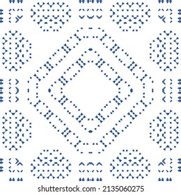 Portuguese vintage azulejo tiles. Vector seamless pattern texture. Hand drawn design. Blue antique background for pillows, print, wallpaper, web backdrop, towels, surface texture.