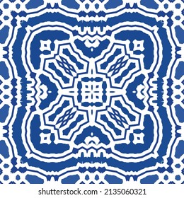 Portuguese vintage azulejo tiles. Vector seamless pattern texture. Hand drawn design. Blue antique background for pillows, print, wallpaper, web backdrop, towels, surface texture.