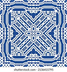 Portuguese vintage azulejo tiles. Vector seamless pattern texture. Hand drawn design. Blue antique background for pillows, print, wallpaper, web backdrop, towels, surface texture.