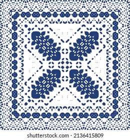 Portuguese vintage azulejo tiles. Vector seamless pattern flyer. Kitchen design. Blue antique background for pillows, print, wallpaper, web backdrop, towels, surface texture.