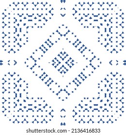 Portuguese vintage azulejo tiles. Vector seamless pattern texture. Hand drawn design. Blue antique background for pillows, print, wallpaper, web backdrop, towels, surface texture.