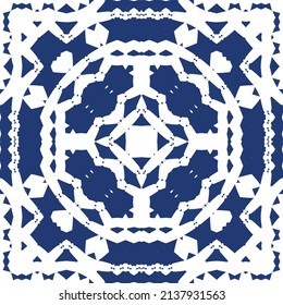 Portuguese vintage azulejo tiles. Vector seamless pattern frame. Creative design. Blue antique background for pillows, print, wallpaper, web backdrop, towels, surface texture.