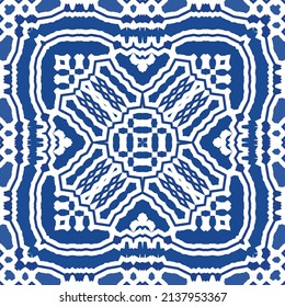 Portuguese vintage azulejo tiles. Vector seamless pattern texture. Hand drawn design. Blue antique background for pillows, print, wallpaper, web backdrop, towels, surface texture.