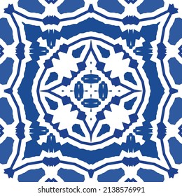 Portuguese vintage azulejo tiles. Vector seamless pattern texture. Hand drawn design. Blue antique background for pillows, print, wallpaper, web backdrop, towels, surface texture.