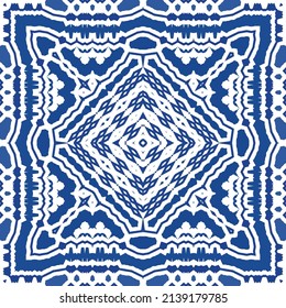 Portuguese vintage azulejo tiles. Vector seamless pattern texture. Hand drawn design. Blue antique background for pillows, print, wallpaper, web backdrop, towels, surface texture.