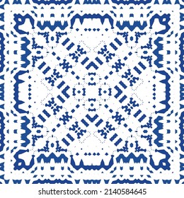 Portuguese vintage azulejo tiles. Vector seamless pattern texture. Hand drawn design. Blue antique background for pillows, print, wallpaper, web backdrop, towels, surface texture.