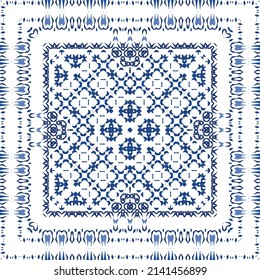 Portuguese vintage azulejo tiles. Vector seamless pattern flyer. Kitchen design. Blue antique background for pillows, print, wallpaper, web backdrop, towels, surface texture.