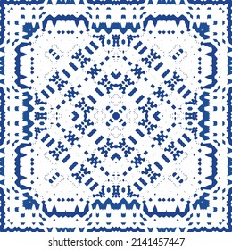 Portuguese vintage azulejo tiles. Vector seamless pattern texture. Hand drawn design. Blue antique background for pillows, print, wallpaper, web backdrop, towels, surface texture.