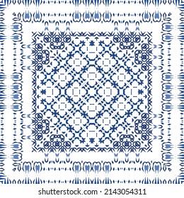 Portuguese vintage azulejo tiles. Vector seamless pattern flyer. Kitchen design. Blue antique background for pillows, print, wallpaper, web backdrop, towels, surface texture.