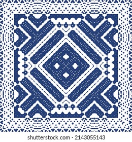Portuguese vintage azulejo tiles. Vector seamless pattern flyer. Kitchen design. Blue antique background for pillows, print, wallpaper, web backdrop, towels, surface texture.