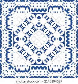 Portuguese vintage azulejo tiles. Vector seamless pattern texture. Hand drawn design. Blue antique background for pillows, print, wallpaper, web backdrop, towels, surface texture.